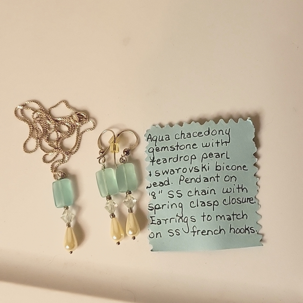 Aqua chacedony and pearl necklace and earring set- sterling silver